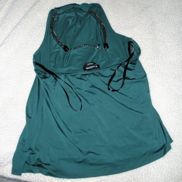 BEBE soft dark green halter top gunmetal chain hoop neck closure - Picture 5 of 7
